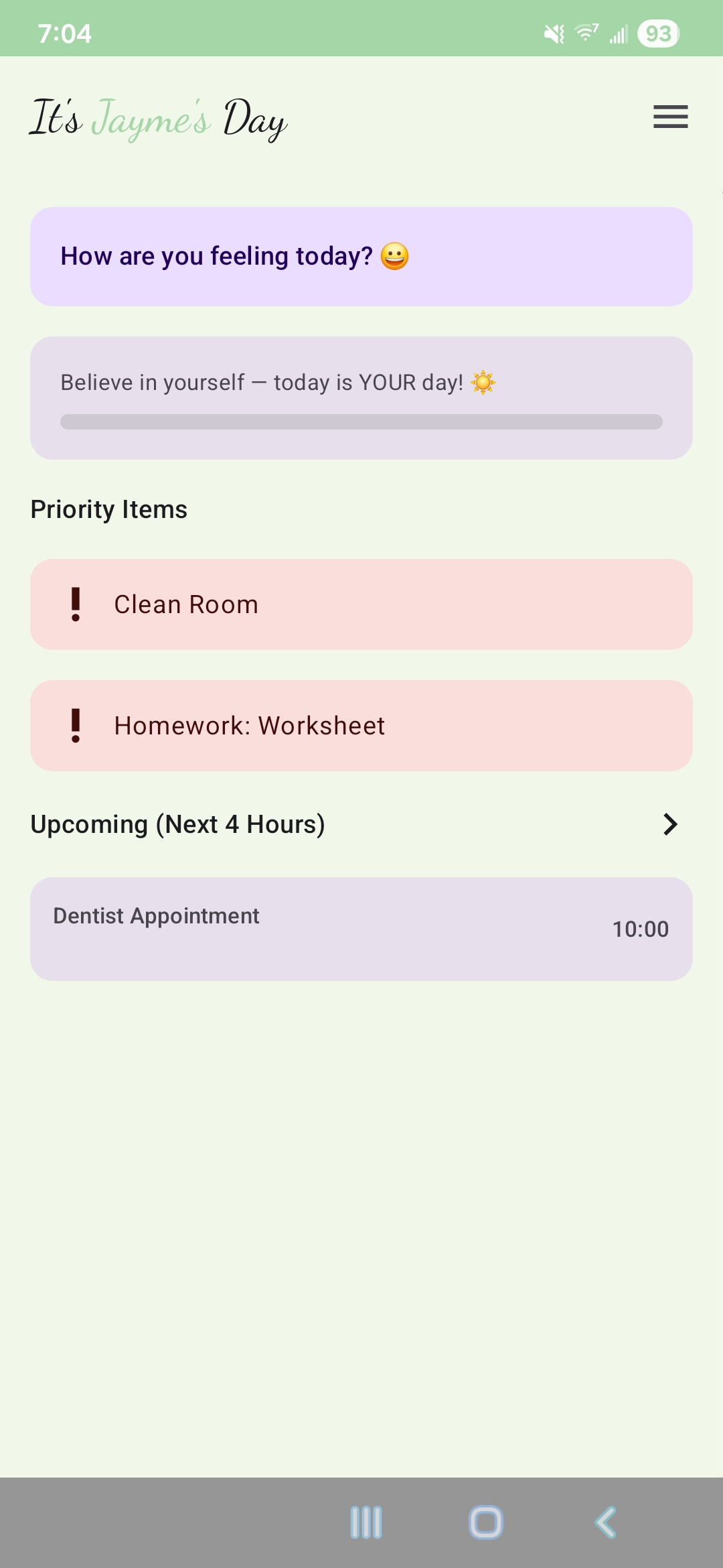 It's My Day dashboard showing today's classes, tasks, and progress