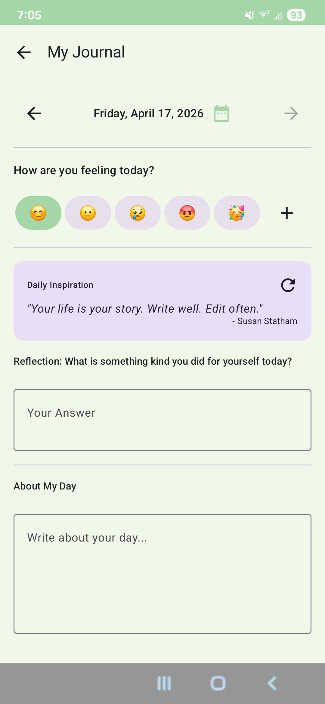 It's My Day journal screen