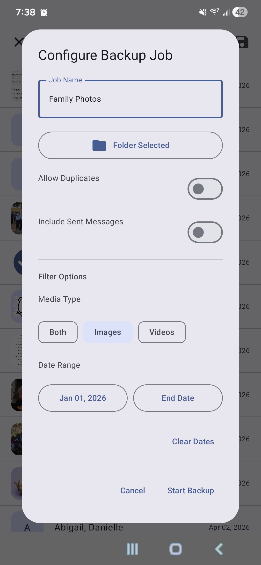 Backup filter dialog for media type and date range